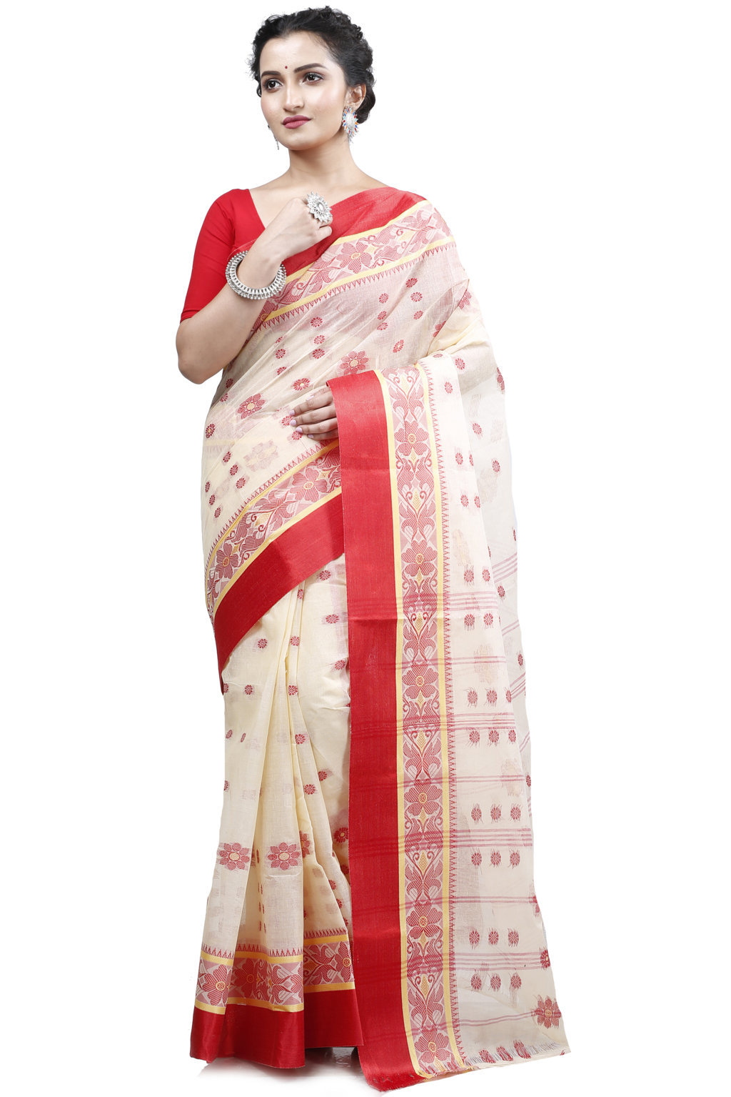 Cream Red Pure Cotton BolLata_Tant Tant Saree (201)